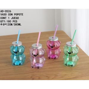 Botella de Plástico en Forma de Oso Para Bebidas con Tapa y Popote 380ml Premium Creativa Moderna y Colorida - Product Image 1