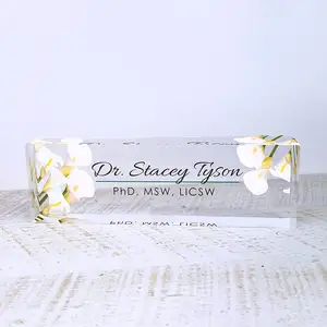 Customized OEM/ODM Personalized Name Plate for Office Desk, Acrylic Name Plate with Flower Design on Clear Acrylic Glass