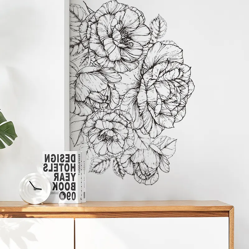 Black sketch large size peony wall stickers Simple literary style wall decoration for living room office dormitory coffee shop