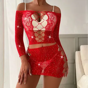 Yeni ürün Lenceria vücut çorabı uzun kollu 2 parça Crotchless iç çamaşırı seti kadın seksi Rhinestone Bodystocking elbise