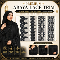 Bordure en dentelle noire perlée brodée à motif floral festonné pour la décoration des Abayas, Kaftans et Jalabiyas de Dubaï