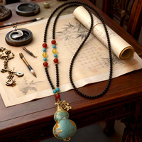 Collier pendentif gourde chinoise traditionnelle, breloque calabash émaillée avec perles multicolores, collier en onyx noir