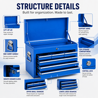 Coffre à outils en acier thermolaqué bleu avec couvercle rabattable, 6 tiroirs, verrouillable, portable, armoire de rangement OEM/ODM