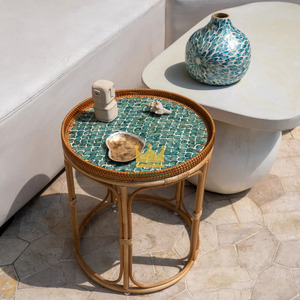 Mesa de Centro Moderna de Ratán Ecológico con Incrustaciones de Madreperla, Diseño de Concha, Mesa Auxiliar Decorativa para Interiores y Exteriores - Product Image 6