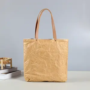 Sac en papier Kraft Tyvek avec poignée en cuir Sac à provisions