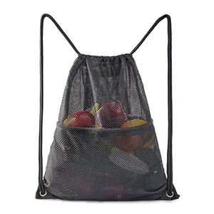 210D Polyester mesh drawstring shoulder women shopping bag draw string closure backpack sport travel outdoor mesh beach bag