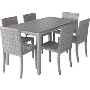 Ensemble table à manger en aluminium et rotin, set de 7 pièces, table d'extérieur en osier et bois, meubles de jardin, canapé et chaise