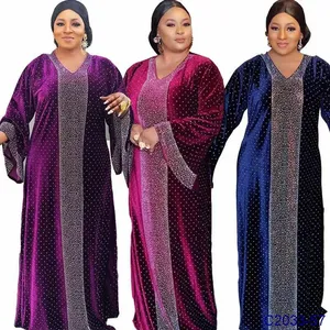 卸売2023イスラム教徒Vネックマキシ女性カジュアルドレスアフリカベルベット生地フルスリーブプラスサイズ婦人服