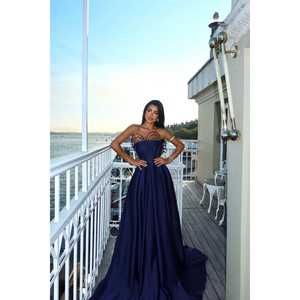 Vestido de Noche de Lujo Azul Marino sin Tirantes, Estilo Baile de Gala, con Cintura Imperio de Ganchillo, Escote Alto y Cola de Sirena Corta, para Fiesta de Graduación o Dama de Honor - Product Image 6