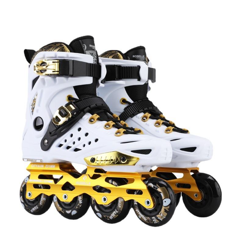 Patines Profesionales en Línea con Ruedas Planas para Hombres y Mujeres  Estudiantes, Ruedas, Negro y Dorado, Marco de Aleación de Aluminio