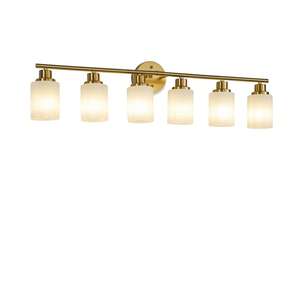 Applique murale moderne à 6 lumières dorées pour salle de bain, en verre dépoli, avec LED blanc chaud pour miroir - Product Image 1