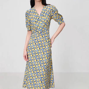 Yay abito 2025 da donna in raso primaverile nuovo colletto incrociato floreale abito con stampa Midi pesante vita naturale per l'estate - Product Image 3
