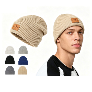 Customized Beanie <b>Cap</b> <b>Winter</b> Thick Solid Color Warm Knitted Hat with High-end Leather Label - Product Image 1