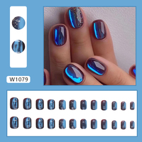 Faux ongles à presser carrés effet œil de chat bleus, en acrylique, couvrance totale, avec design pailleté brillant