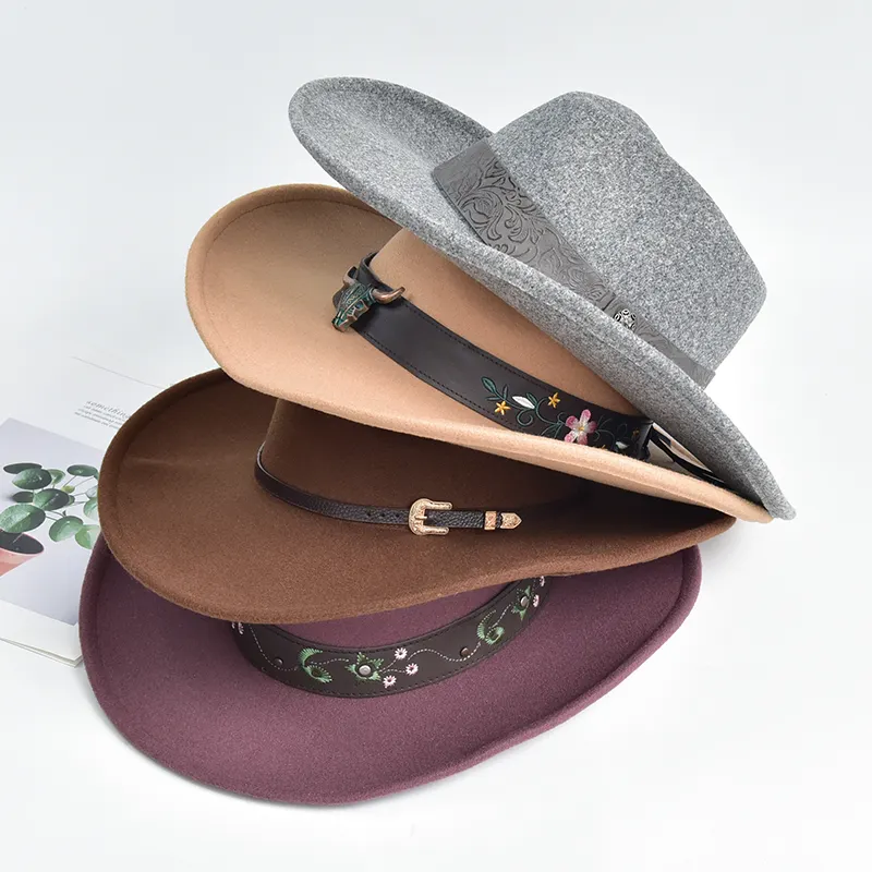 Topi Fedora Felt Wol Imitasi Polos Warna Wanita Topi Floppy Felt Brim Lebar Topi Panama untuk Pria Wanita