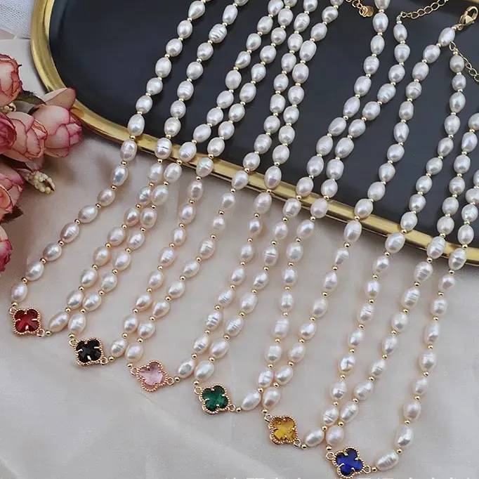 Wholesale Fashion Women Clover Necklace Handmade Jewelry Bohemia Pearl Choker Necklace Beaded Necklace