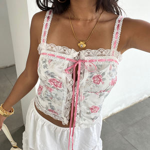 เสื้อกล้ามถักนิตติ้งแขนกุดน่ารักหวานๆ สไตล์เซ็กซี่ประดับลูกไม้ลายดอกไม้พร้อมริบบิ้นผูกโบว์ กำลังเป็นที่นิยมสำหรับผู้หญิง - Product Image 1