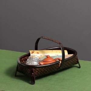 Lacquered <b>bamboo</b> woven portable tea set storage <b>basket</b>, retro Chinese style <b>bamboo</b> small <b>basket</b>, picnic <b>basket</b>, factory direct - Product Image 1