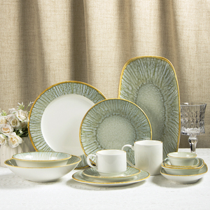 Ensemble d'assiettes en céramique JQY, vente en gros, vaisselle en porcelaine verte nordique, ensemble d'assiettes rondes pour la maison et la cuisine - Product Image 5