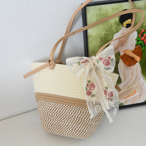 Sac fourre-tout en paille tressée, sac à main de plage bohème décontracté pour femmes avec fleurs, ouverture supérieure, léger, grande capacité, deux poignées - Product Image 4