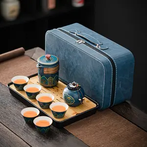 Portable All in One Gift Bag Outdoor Chinese Tea Pot Cup Set with Tray Infuser - Travel Ceramic Tea set Porcelain Teapot