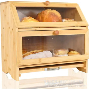 Caja de pan de bambú de doble capa con tabla de cortar, almacenamiento de cocina, forma rectangular para pan tostado - Product Image 3