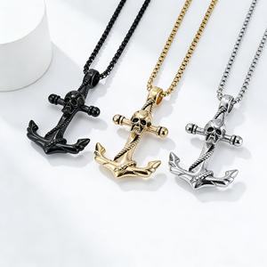 Joyería de estilo único, colgante de acero de titanio, collar de acero inoxidable con ancla y calavera para hombre, estilo punk hip-hop único. - Product Image 1