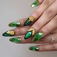 Offre Spéciale Nouveaux Ongles Acryliques à Presser en Forme d'Amande, Dégradé Vert Jade Chinois, Pivoine Dorée 3D et Feuille d'Or, Vente en Gros Personnalisable