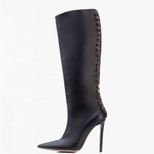 Back Cut Out Women Metal Decor Knee High <b>Boots</b> Big Size 45 Solid Stiletto Dress Shoes Slim Heels Long <b>Boots</b> - Product Image 1
