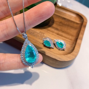 Wholesale Eco-friendly Copper Tear Drop-shaped Paraiba Zircon Durable Necklace <b>Earrings</b> <b>Set</b> Zircon Waterproof Jewelry <b>Set</b> - Product Image 3
