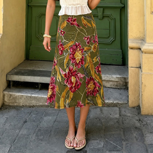2026 New Women's Floral Midi <b>Skirt</b> High Waist A-Line Summer <b>Boho</b> Elegant Printed Mesh Casual Beach Vacation Long <b>Skirt</b> - Product Image 1