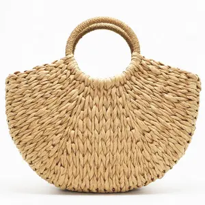 2023 all'ingrosso nuovo stile fatto a mano estate rotonda borsa da spiaggia in rattan di paglia intrecciata borsa da donna tote bag