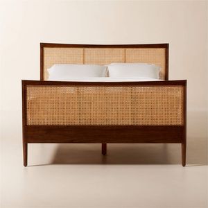 Contemporary Natural Cane Queen Bed Solid Wood <b>Frame</b> Woven Cane Headboard Platform Bed for Stylish Bedroom Furniture Use - Product Image 1