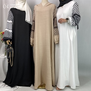 Elegant Soft Linen Abaya Robe With Palestine Keffiyeh <b>Printed</b> Sleeve Detailing Modest <b>Islamic</b> Women Clothing for Ramadan 6827 - Product Image 1
