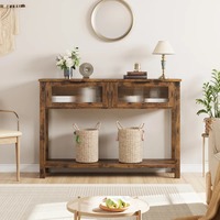 Table console vintage en MDF brun facile à assembler avec 2 tiroirs à façade en verre, étagère inférieure, table d'entrée, table de salon, table de couloir