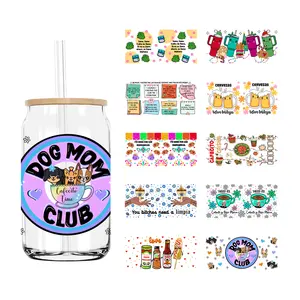 Hond Moeder Club Cafecito Tijd 16Oz Uv Dtf Cup Wrap Transfer Stickers Aangepaste Labels Diy Duurzaam Waterdicht Logo Voor Libbey Glas Kan