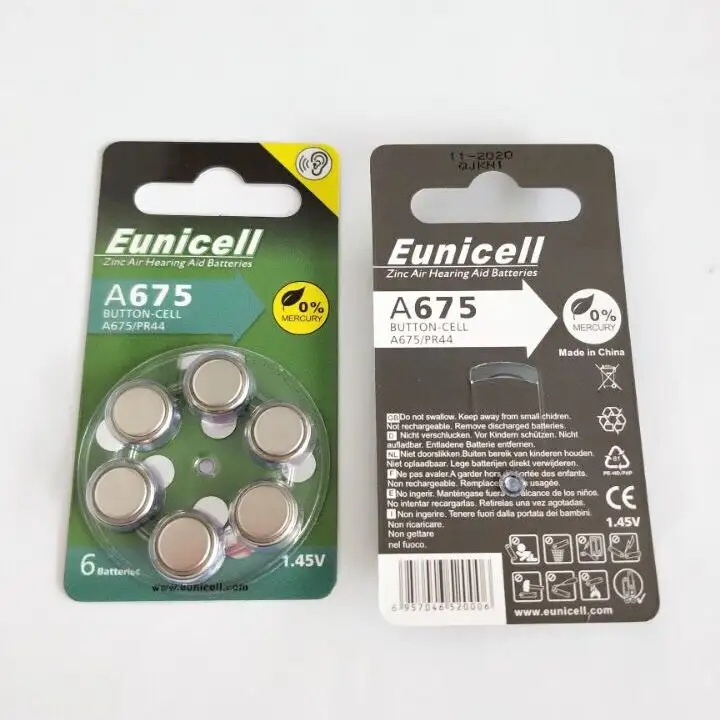 Nuovo Eunicell A675 1.4V 1.45V zinco aria apparecchi acustici batteria (PR44, 675A, 675HP)