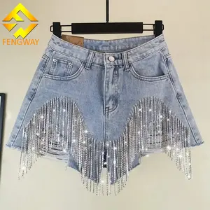 2024 Offre Spéciale strass gland Denim Shorts perlé Sequin taille haute Shorts Streetwear déchiré jean Shorts