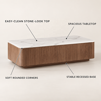 Table basse WYRAX Resort Lounge avec plateau facile à nettoyer, finition noyer, coins arrondis doux et base encastrée stable