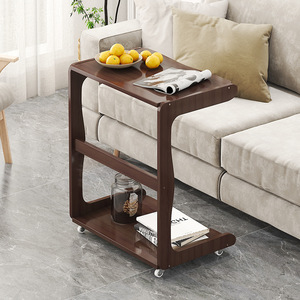 Movable <b>Side</b> <b>Table</b> With Wheels Double Layer <b>Storage</b> Rack For Living Room Coffee <b>Table</b> Solid Wood Design - Product Image 1