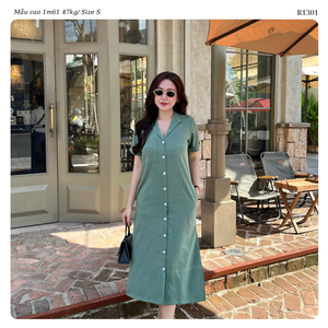 Robe chemise boutonnée en lin et coton unie pour femme, manches courtes, coupe décontractée, longueur midi, idéale pour le bureau, vente en gros OEM ODM Vietnam - Product Image 2
