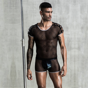 Maglietta a maniche lunghe da uomo sexy in pelle PU trasparente con lacci e inserti in rete - Product Image 3
