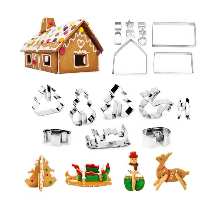 Prezzo promozionale 18 pezzi 3D Cookie Cutter Christmas Metal Cookie Cutter Set Ginger Bread House Kit