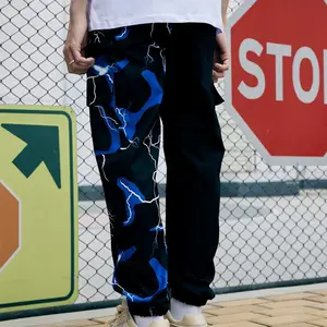 newly CUSTOM Guys Lightning Graphic LOGO Printing Cargo Drawstring Pocket Side Wind Pants