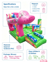 Structure gonflable rose Dauphin avec toboggan 3x4m pour enfants, idéale pour les fêtes d'anniversaire et les événements estivaux en extérieur