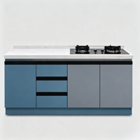 Cuisine Modulaire Murale Personnalisée en Noyer Moderne avec Table de Cuisson à Gaz Intégrée OEM, Plan de Travail en Marbre, Poignée Noire, Charnière, Évier Écologique