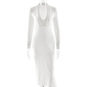 Vestido envolvente con cuello en V profundo de estilo europeo, vestido de noche de manga larga con cintura alta para mujer, vestido de noche a la moda, ajustado, de Color sólido - Product Image 5