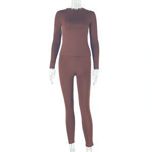 Özel Logo kadın giyim kadın 2 parça kıyafetler katı nervürlü kırpılmış uzun kollu gömlek Legging pantolon seti eşofman Set - Product Image 2