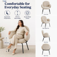 Fauteuil Boucle rembourré, dossier ovale, accoudoirs ronds, pieds en métal noir, ergonomique pour salon, bureau à domicile