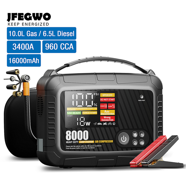 3400A 16000mAh Lithium-ion Polymer Battery Jump Starter 150Psi Air Pump Compressor 12V Digital Screen LED Lighting Tire Truck